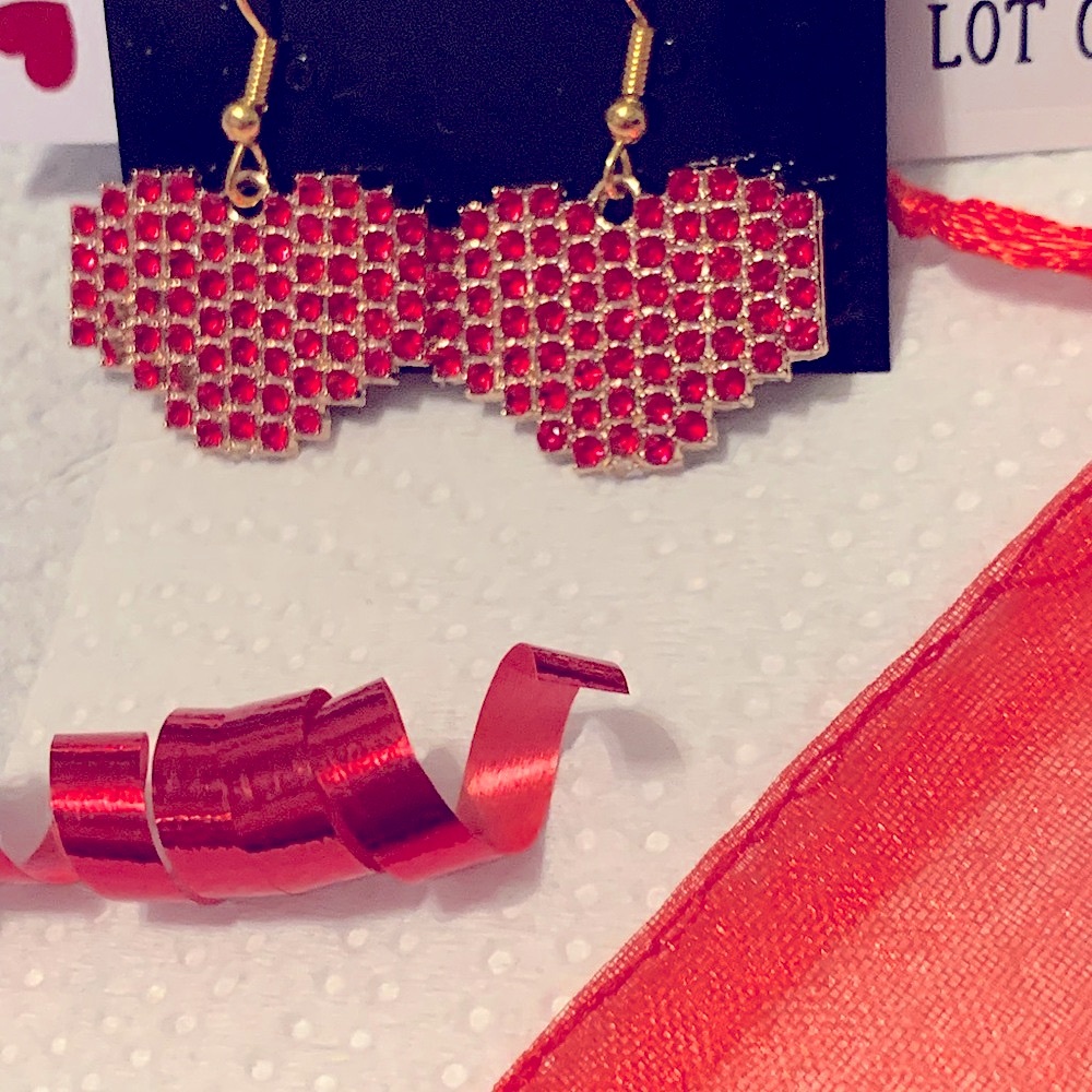 Heart Dangle Earrings Rhinestone Crystal Red Handmade Gift Love Valentines NEW - Picture 7 of 11